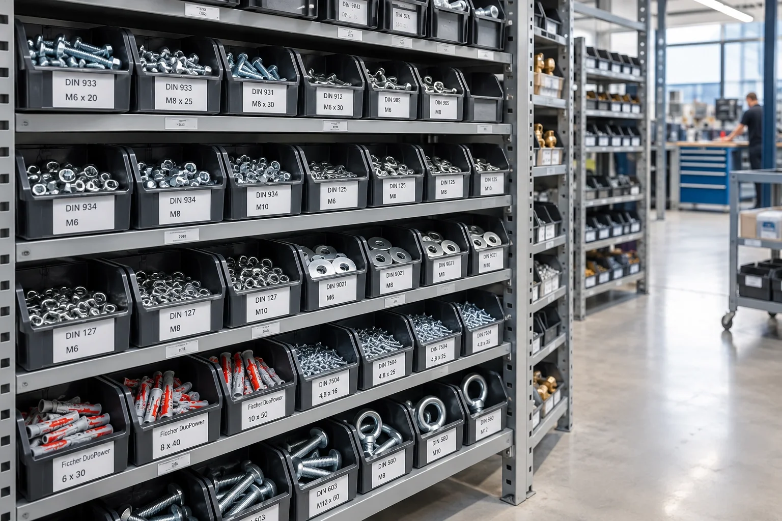 Beschriftete Kanban-Boxen für Normartikel und DIN-Teile